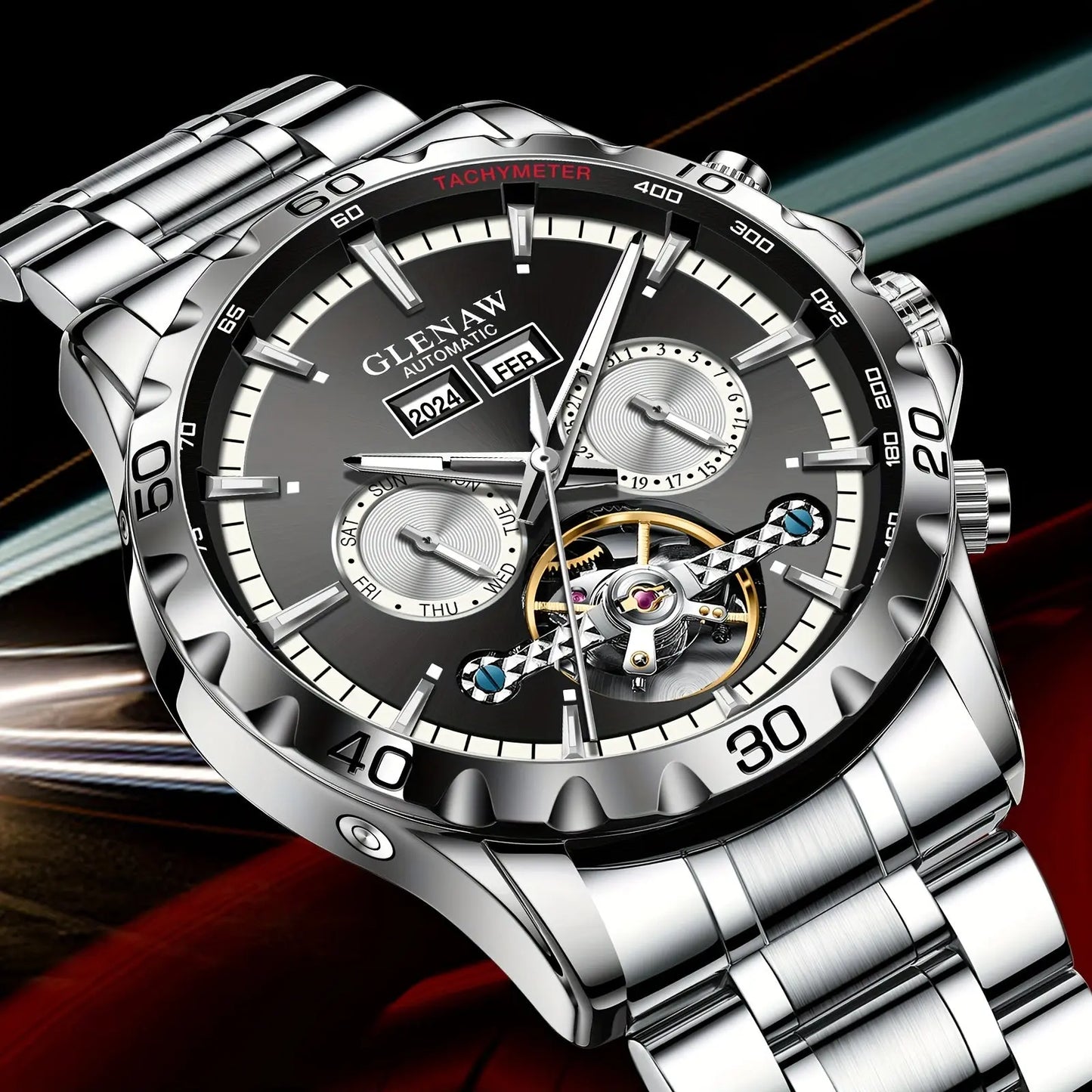 Alcom Distribution Glenaw automatic watch with stainless steel band and black multi-function dial