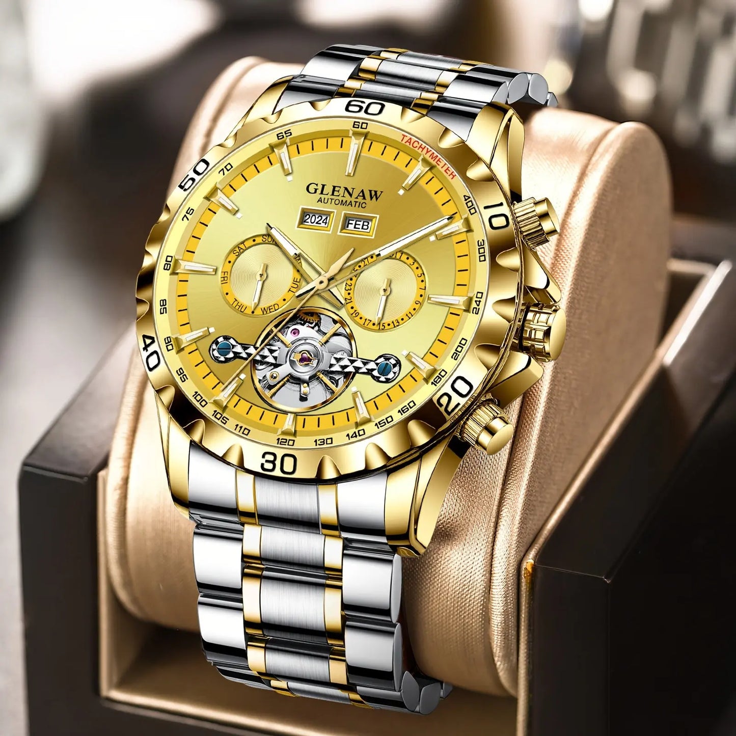 Glenaw automatic watch with gold and silver stainless steel band and detailed gold dial