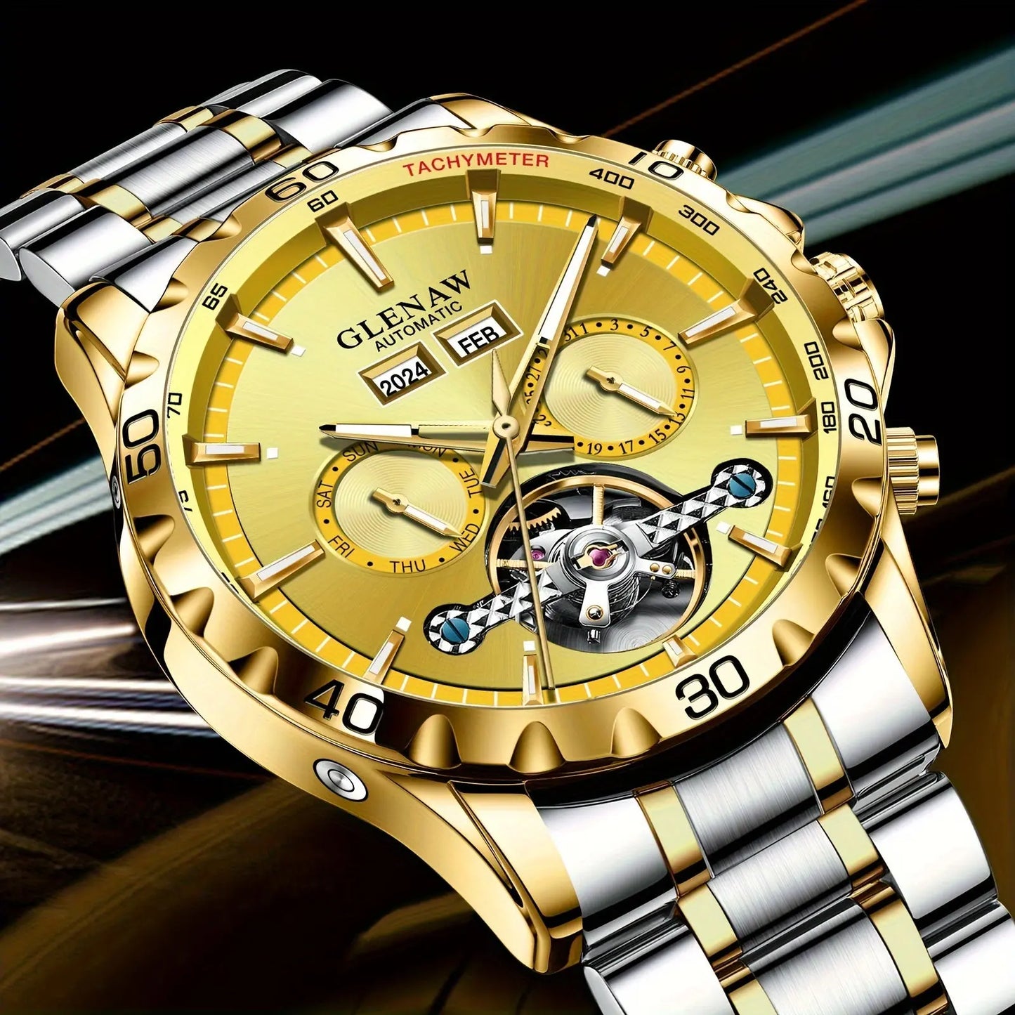 Glenaw automatic watch with gold and silver stainless steel band and detailed tachymeter dial