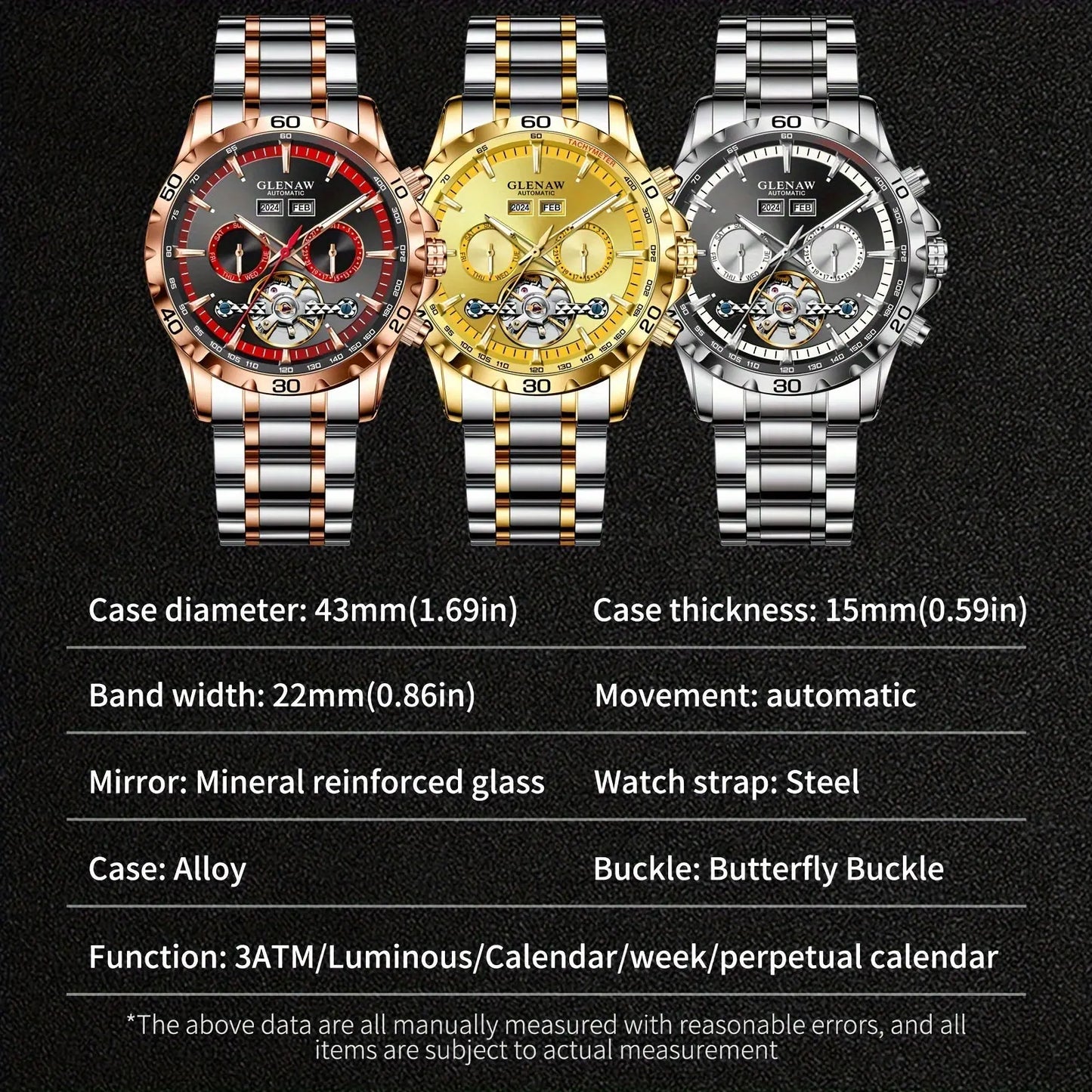 Three Glenaw automatic watch models with steel straps and alloy cases in rose gold, gold, and silver colors