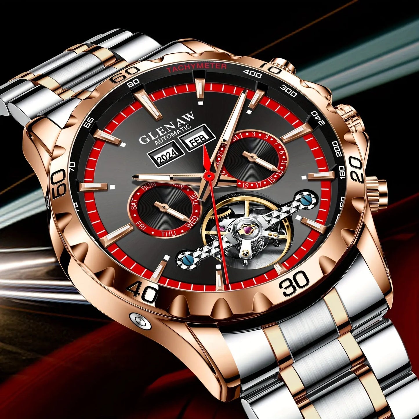 Glenaw automatic watch with rose gold and silver stainless steel band and black dial showcasing date and tachymeter