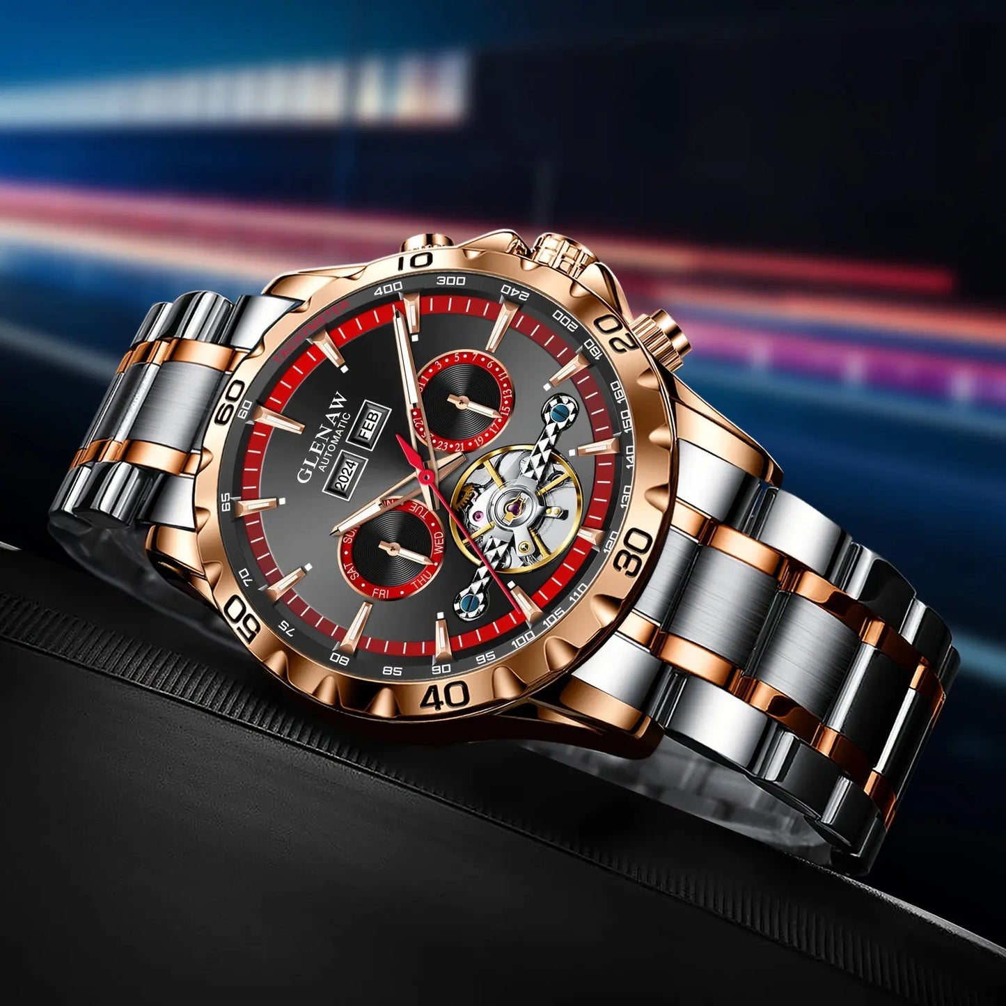 Glenaw automatic watch by Alcom Distribution with gold and silver band and detailed black and red dial