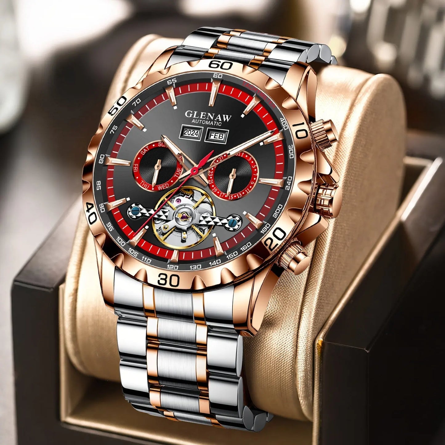 Glenaw automatic watch with rose gold and silver stainless steel band displayed on luxury cushion