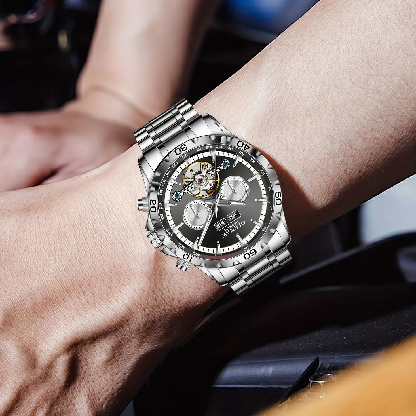 Glenaw automatic watch by Alcom Distribution with stainless steel strap and black dial on wrist