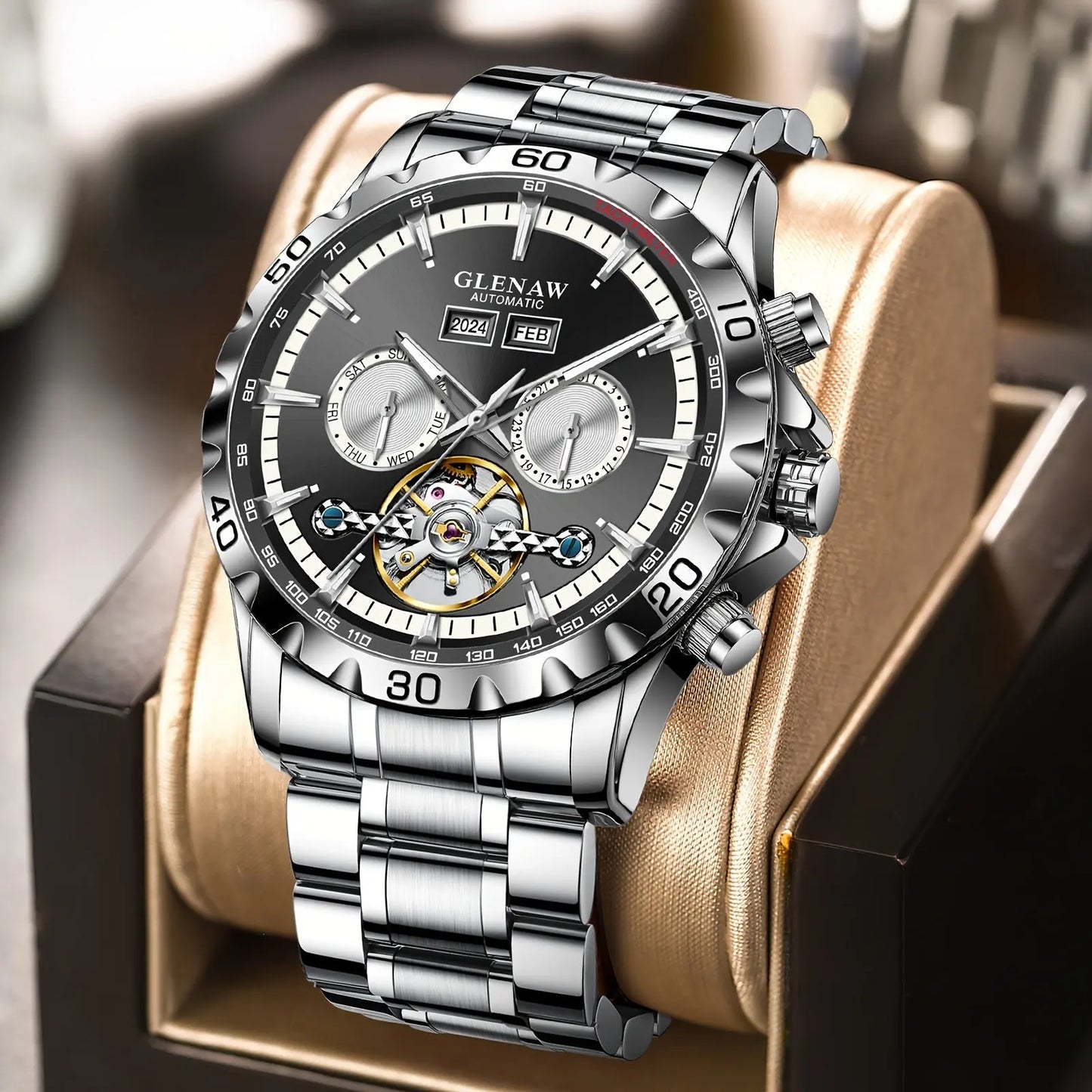 Glenaw automatic watch with stainless steel band and black dial displaying calendar and open heart design