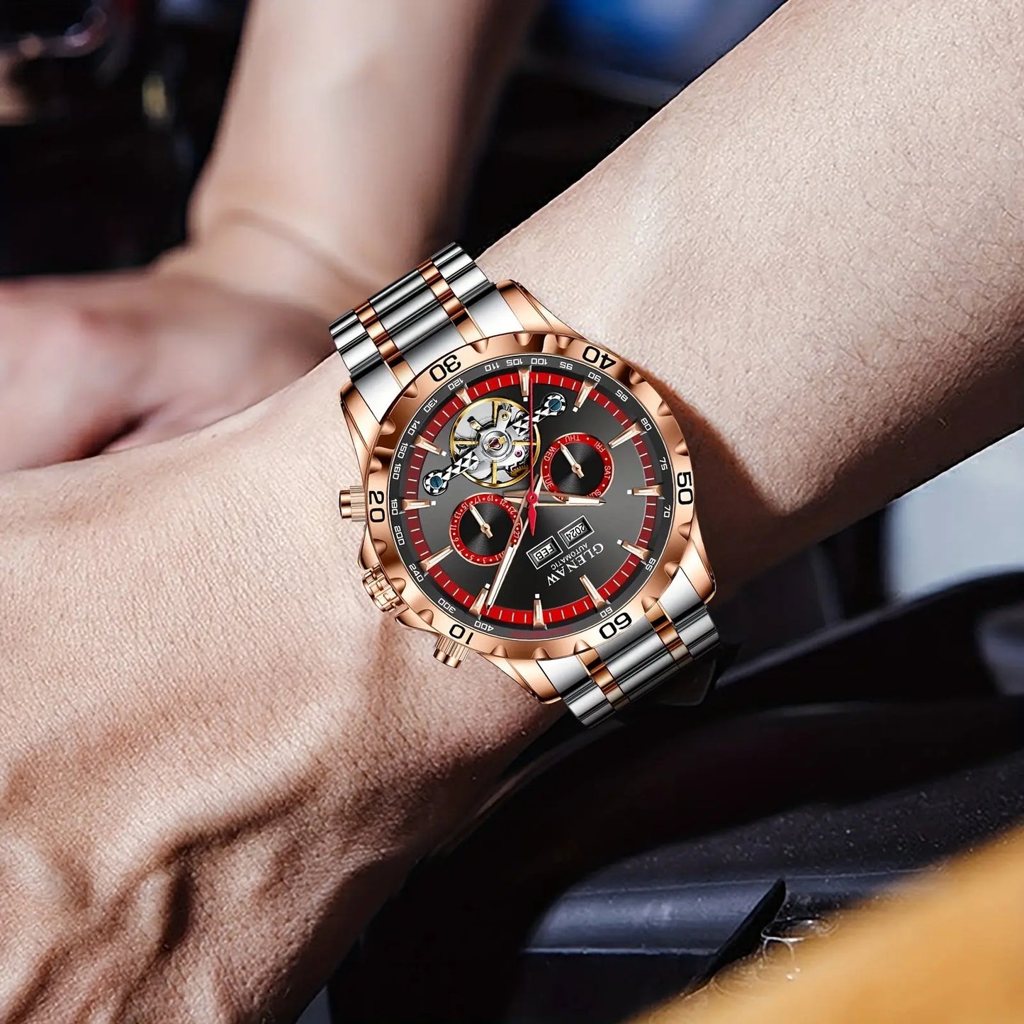 Glenaw automatic watch with rose gold and silver band worn on wrist showing intricate dial design