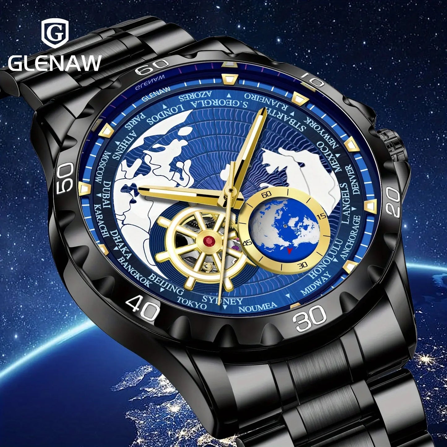 Bold mechanical watch for men by Alcom Distribution with black metal band and blue world map dial