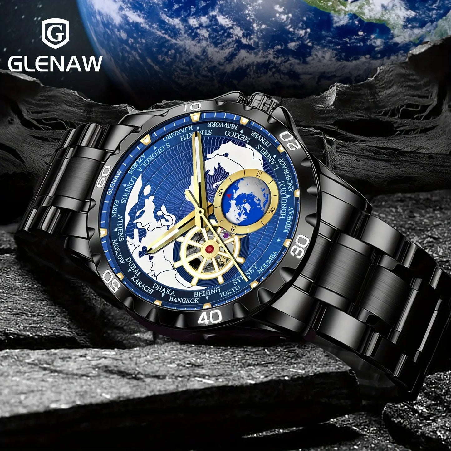 Glenaw bold mechanical watch for men with black metal band and blue world map dial
