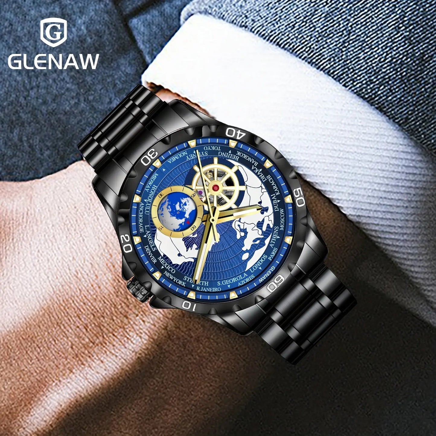 Bold mechanical watch for men with black metal band and intricate blue and gold dial by Glenaw