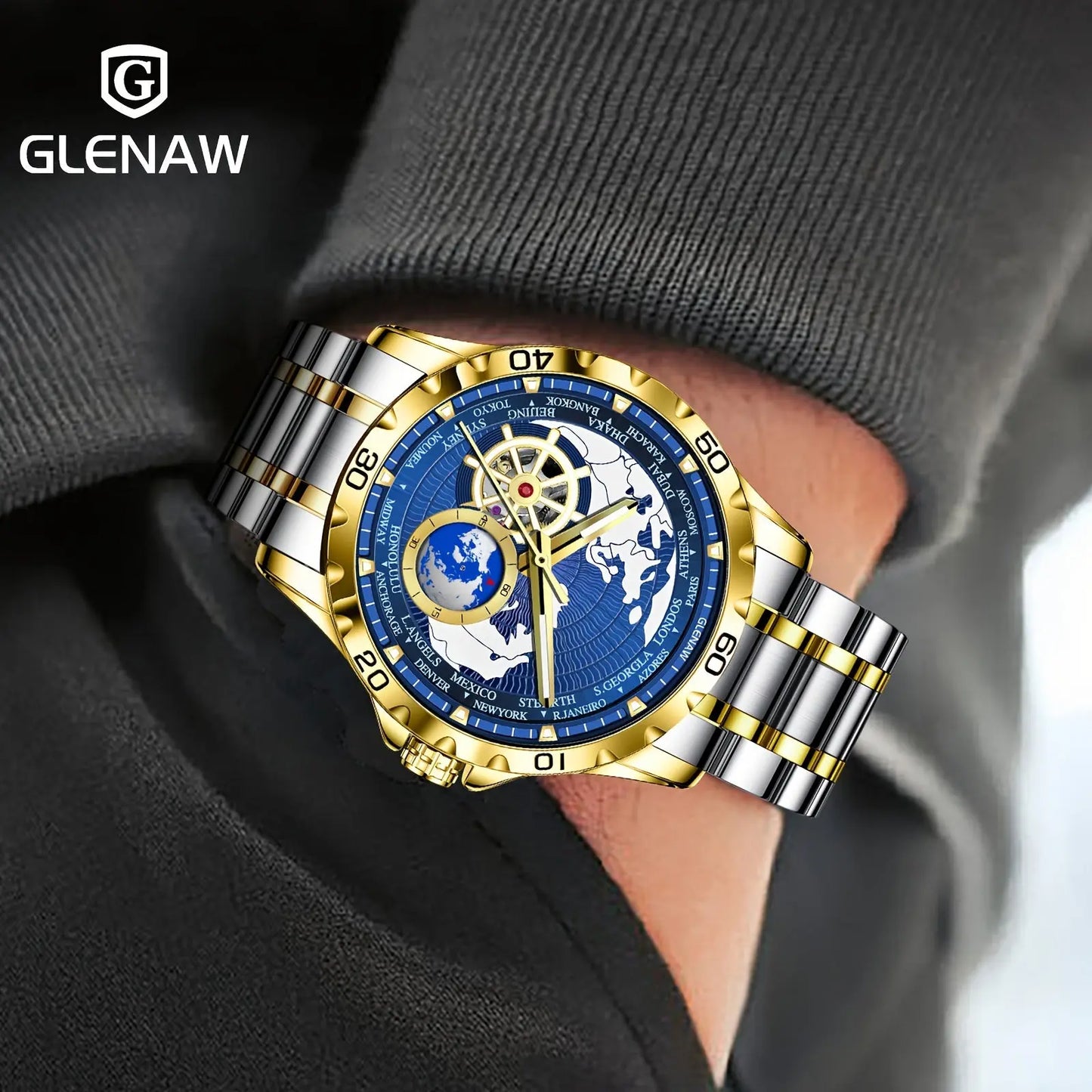 Bold mechanical watch for men with gold and silver band and blue world map dial by Alcom Distribution