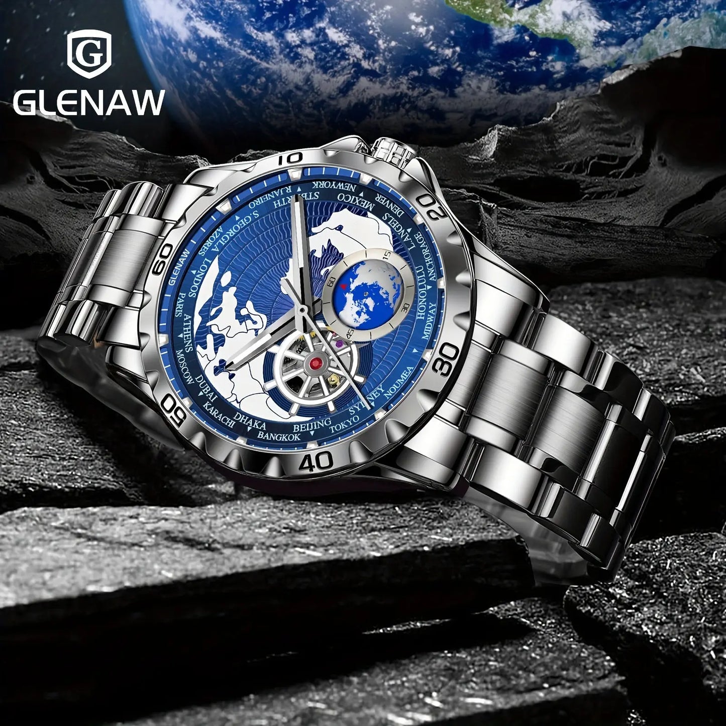 Alcom Distribution bold mechanical watch for men with silver band and blue world map dial