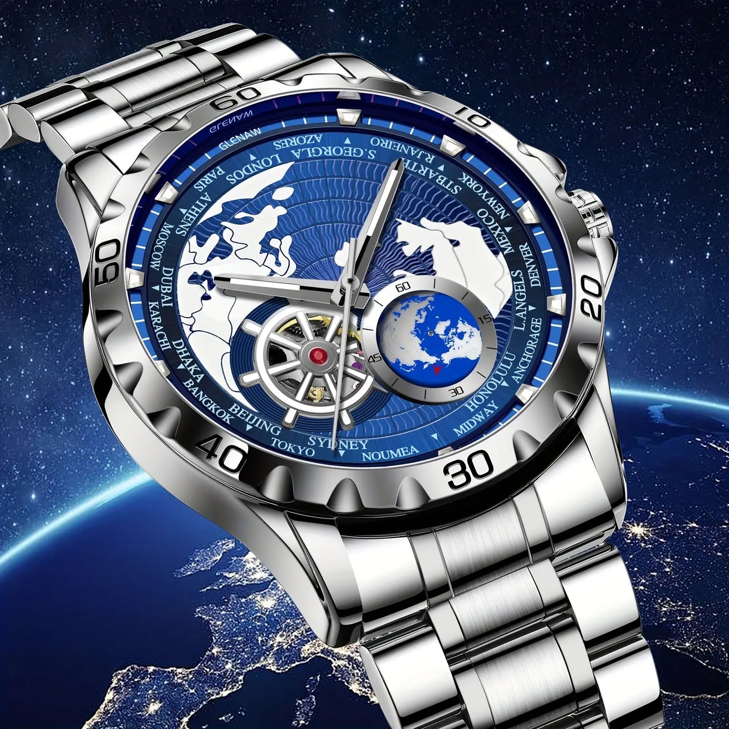 Alcom Distribution bold mechanical watch for men with a silver band and world map blue dial design