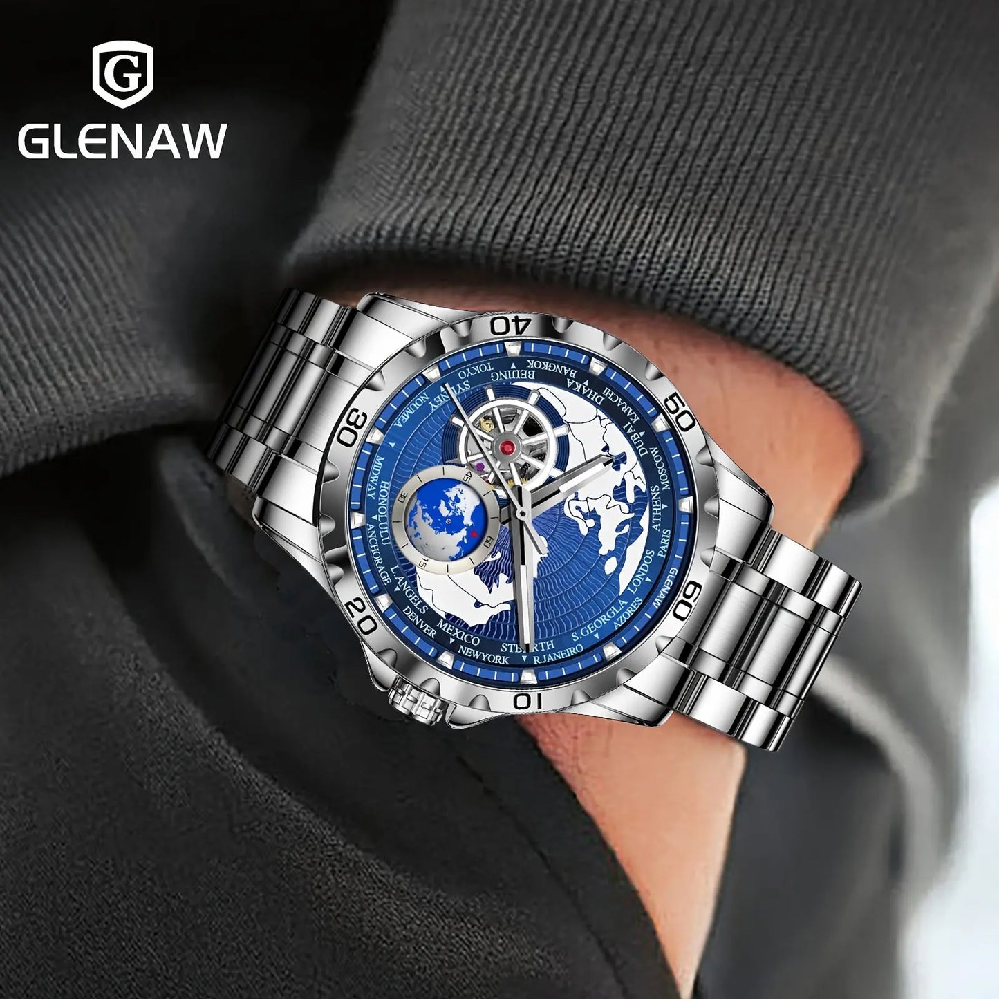 Glenaw bold mechanical watch for men with blue world map dial and silver stainless steel band