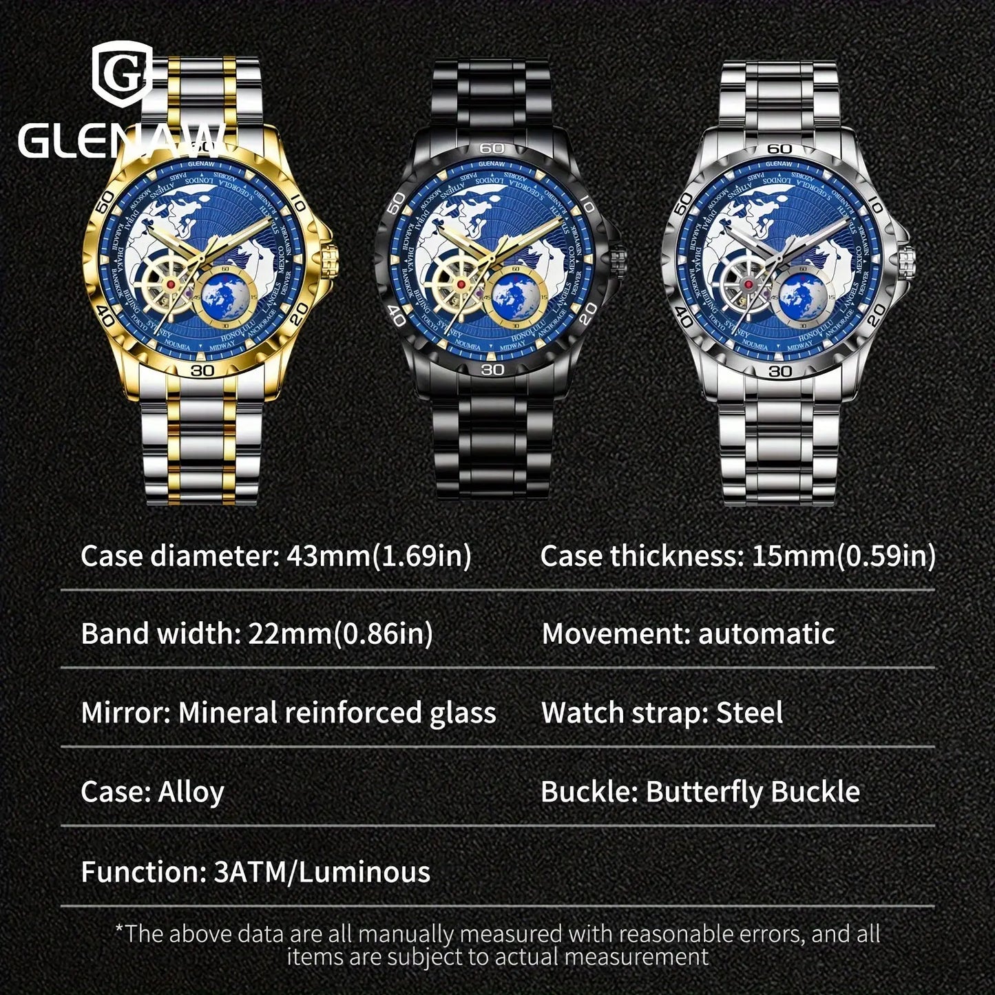 Bold mechanical watch for men by Alcom Distribution with world map dial and steel band in gold, black, and silver