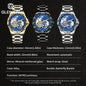Bold mechanical watch for men by Alcom Distribution with world map dial and steel band in gold, black, and silver