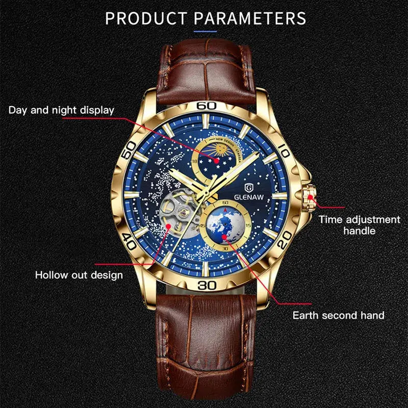 Glenaw rotating earth watch with gold case, brown leather strap, day and night display, and earth second hand