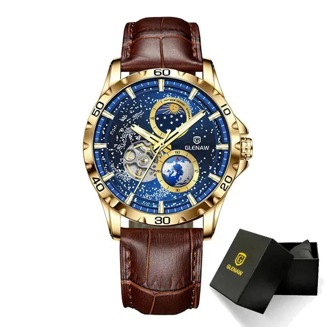 Glenaw rotating earth watch with gold case brown leather strap and blue celestial dial by Alcom Distribution