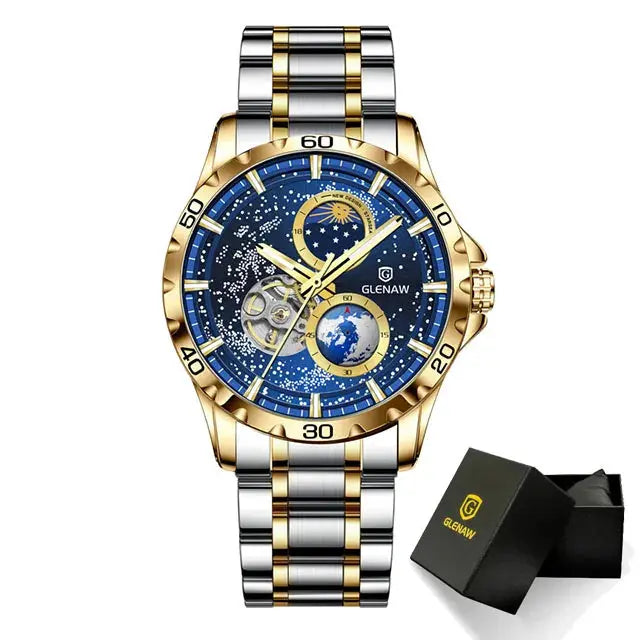 Glenaw rotating earth watch by Alcom Distribution with gold and silver metal band and detailed blue dial