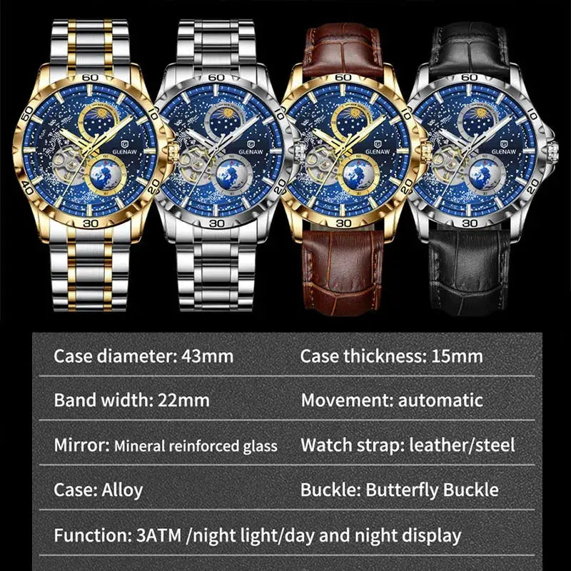 Glenaw rotating earth watch collection by Alcom Distribution with blue dial and various band options