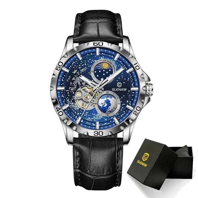 Glenaw rotating earth watch with black leather strap and blue dial showing rotating earth and sun details