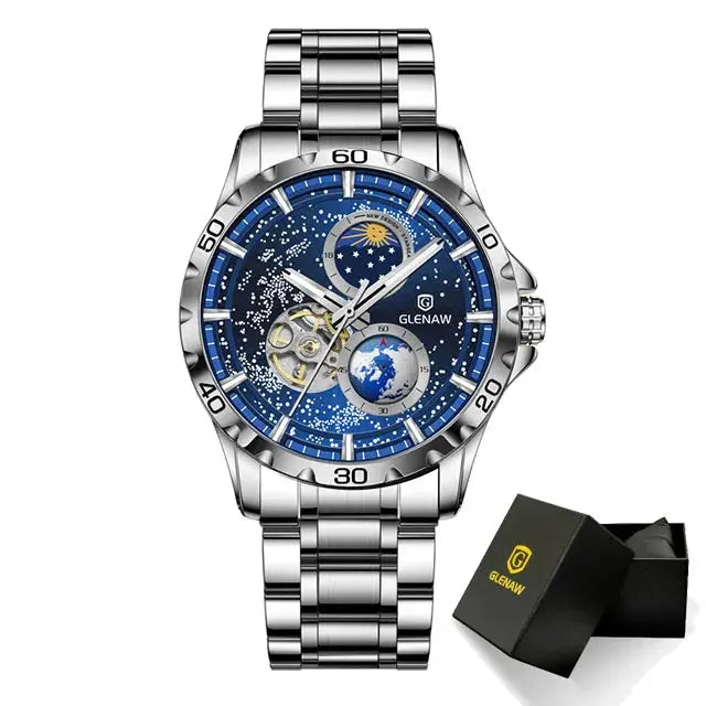 Glenaw rotating earth watch with silver metal band and blue dial featuring earth and celestial designs
