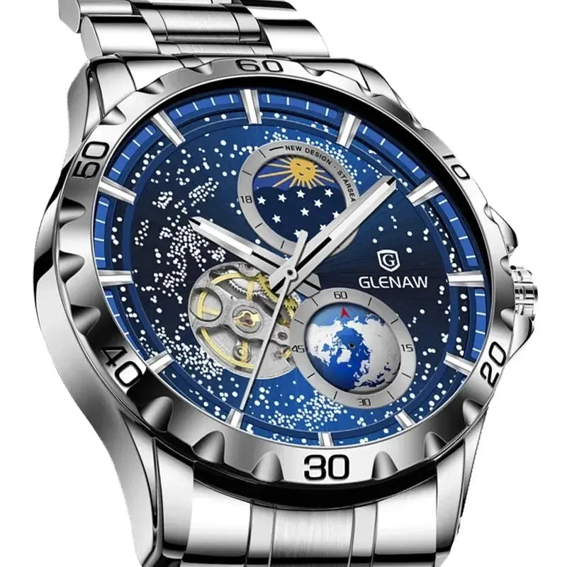 Glenaw rotating earth watch with blue dial, rotating globe, and silver stainless steel band by Alcom Distribution