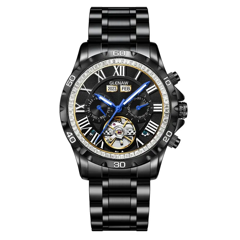 Stylish men's wristwatch by Alcom Distribution with black metal band and detailed black dial