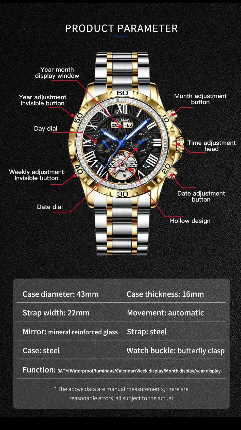 Stylish men's wristwatch with gold and silver steel strap featuring automatic movement and multiple adjustment buttons