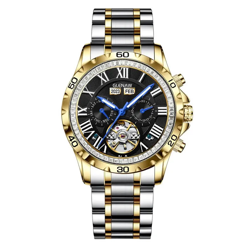 Alcom Distribution stylish men's wristwatch with gold and silver band and black dial