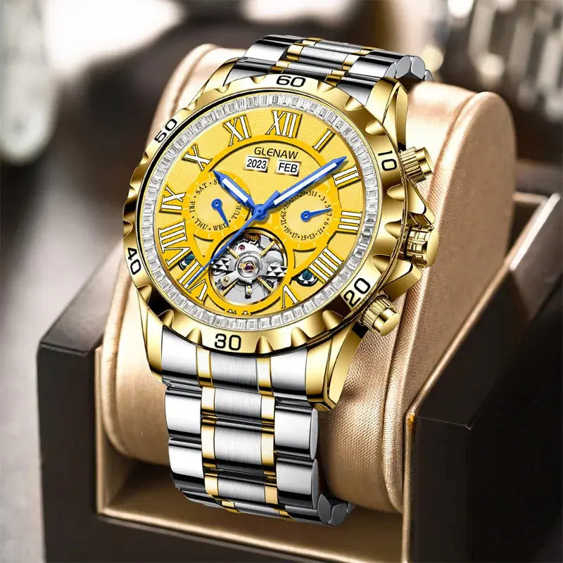 Stylish men's wristwatch by Alcom Distribution with gold and silver band and detailed yellow dial