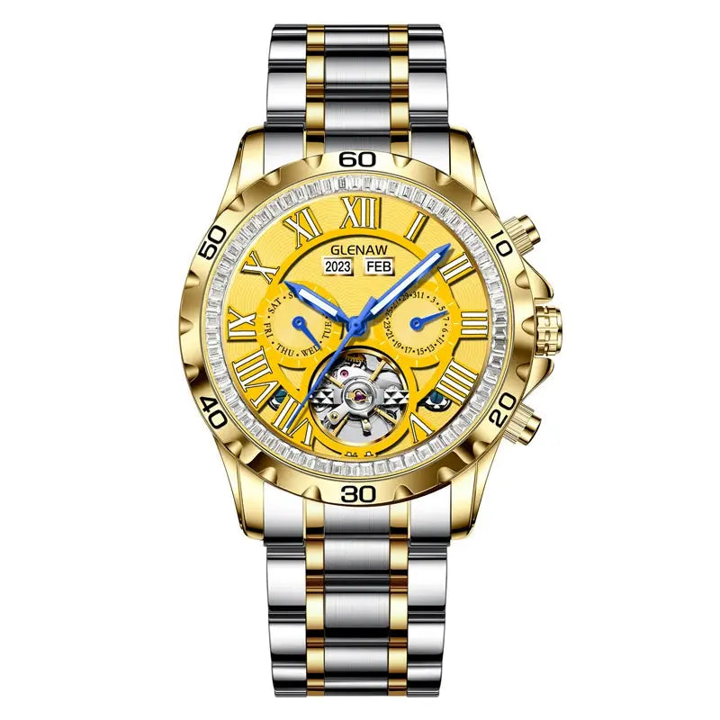 Alcom Distribution stylish men's wristwatch with gold and silver stainless steel band and yellow dial