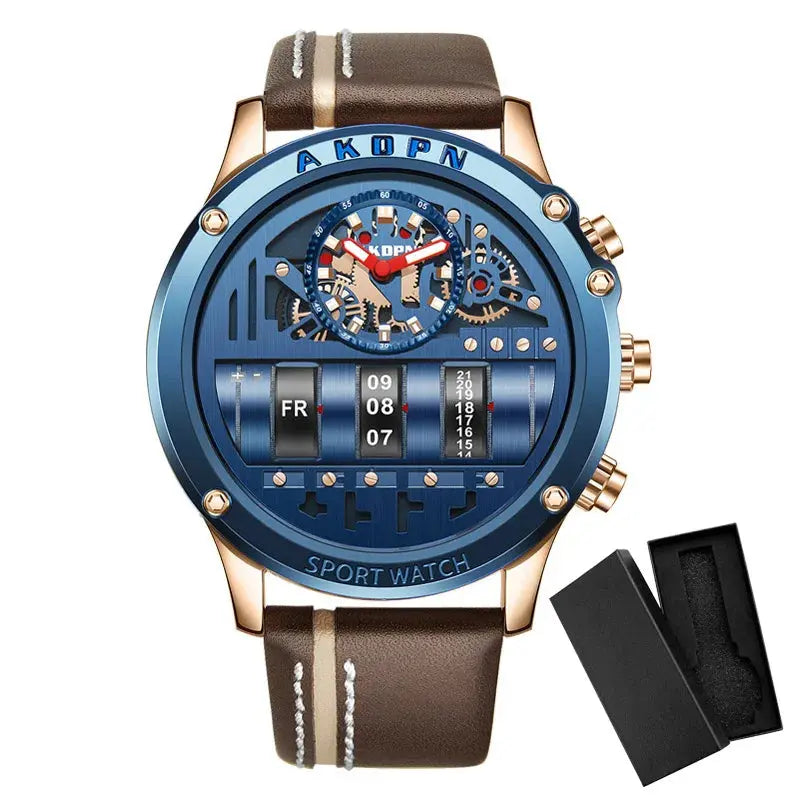 Gorben men's quartz watch with blue dial, brown leather strap, and gold-tone case by Alcom Distribution