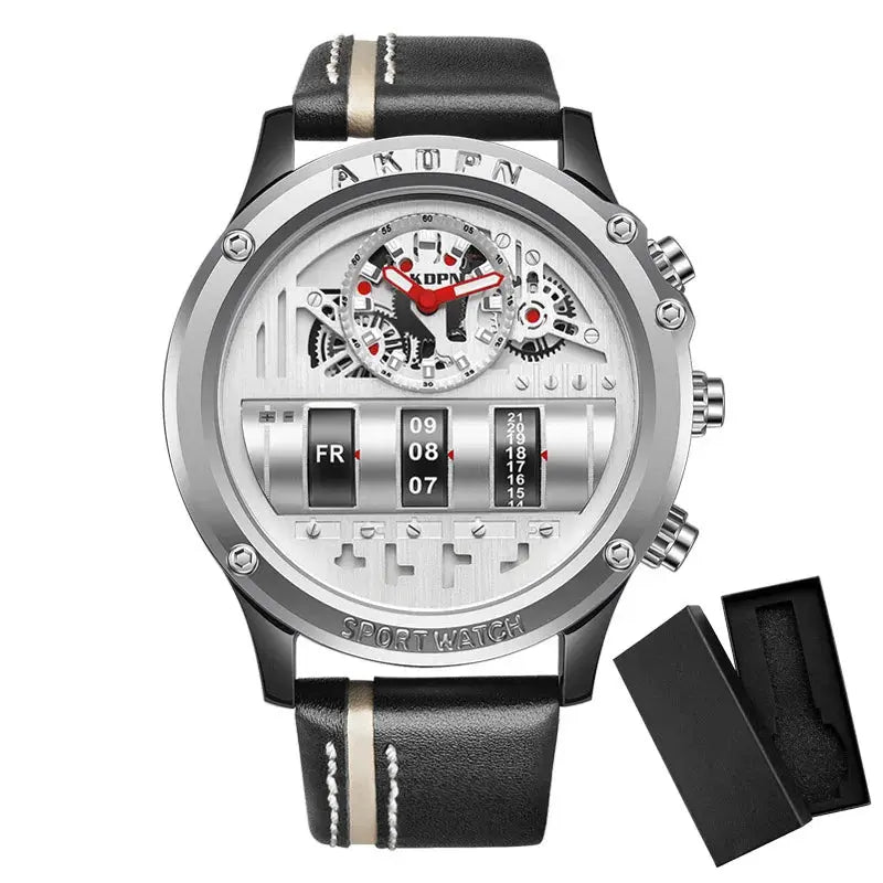 Gorben men's quartz watch with black leather strap and silver dial showing gears and date display