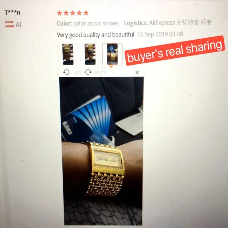Alcom Distribution gold rectangular quartz analog women's watch on wrist with mesh chain band and review screenshot