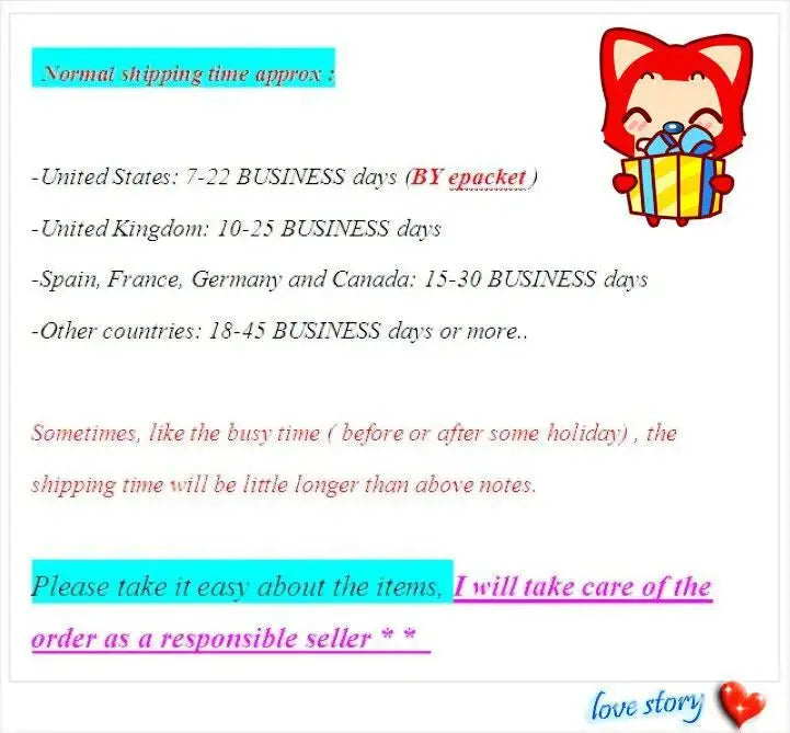Alcom Distribution shipping info poster with cartoon cat, highlighted delivery times and note, quartz analog women's watch