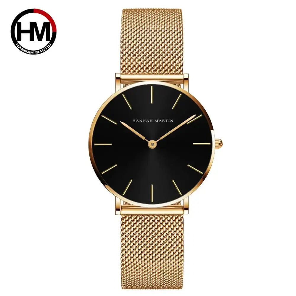 Hannah Martin rose gold watch with black dial and mesh strap by Alcom Distribution