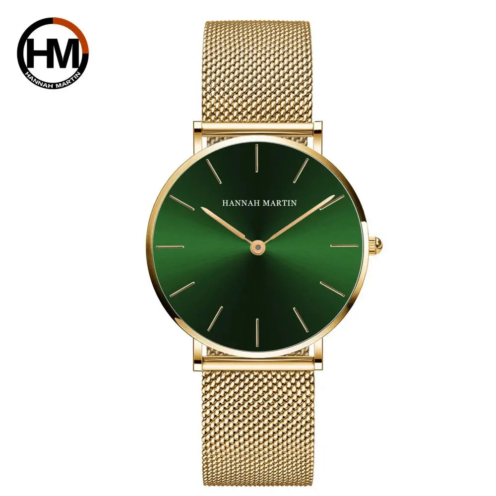 Hannah Martin rose gold watch with green dial and mesh band by Alcom Distribution
