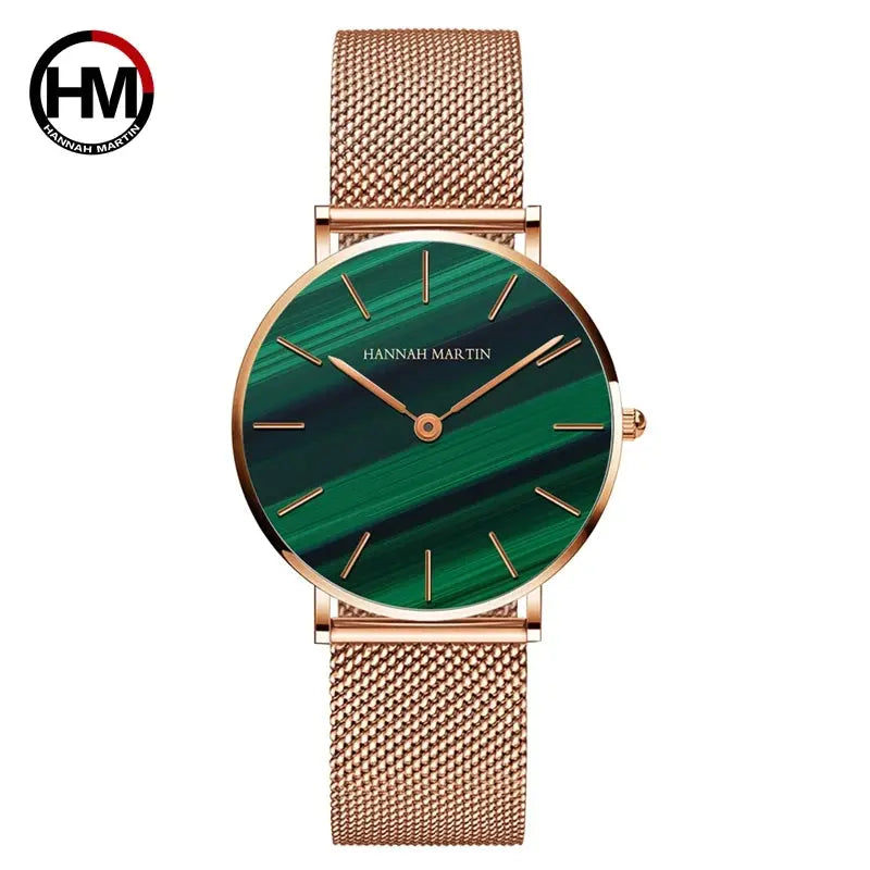 Hannah Martin rose gold watch with green striped dial and mesh band by Alcom Distribution