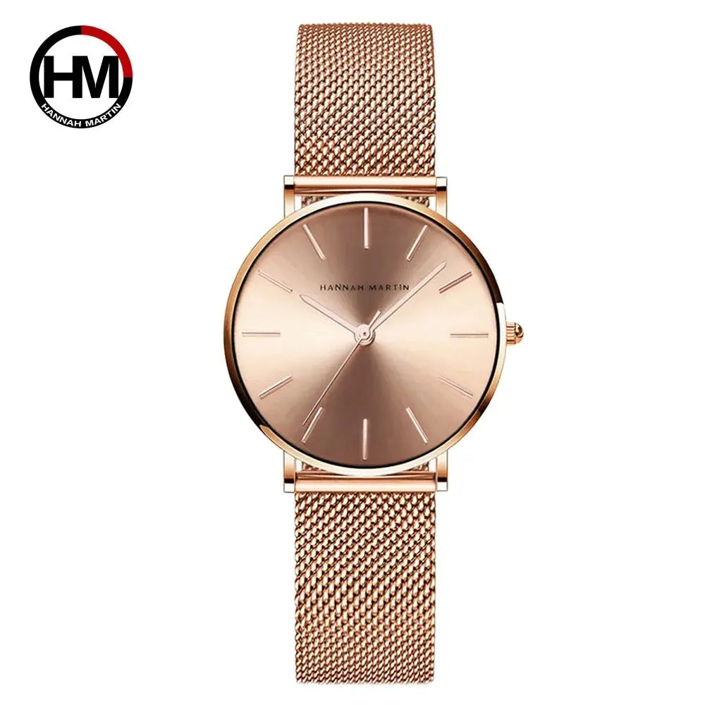 Hannah Martin rose gold watch with mesh strap and minimalist dial design by Alcom Distribution