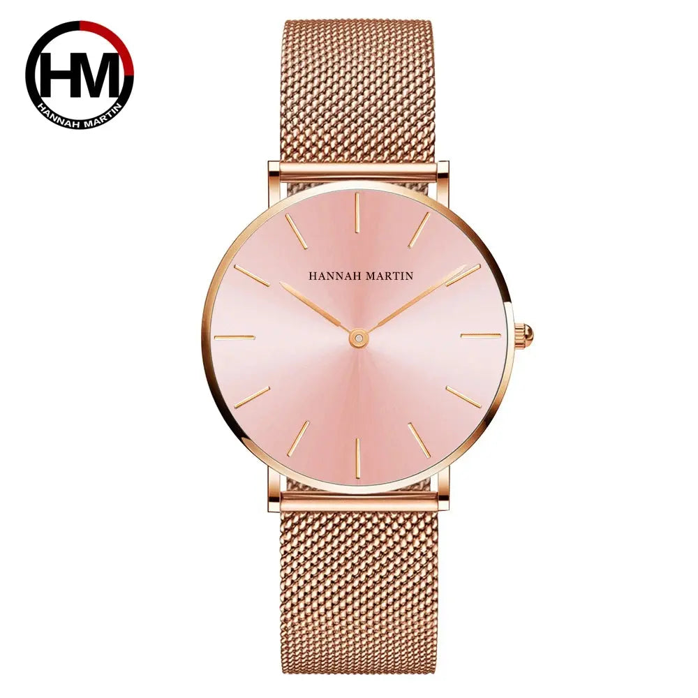 Hannah Martin rose gold watch with mesh band and minimalist pink dial from Alcom Distribution
