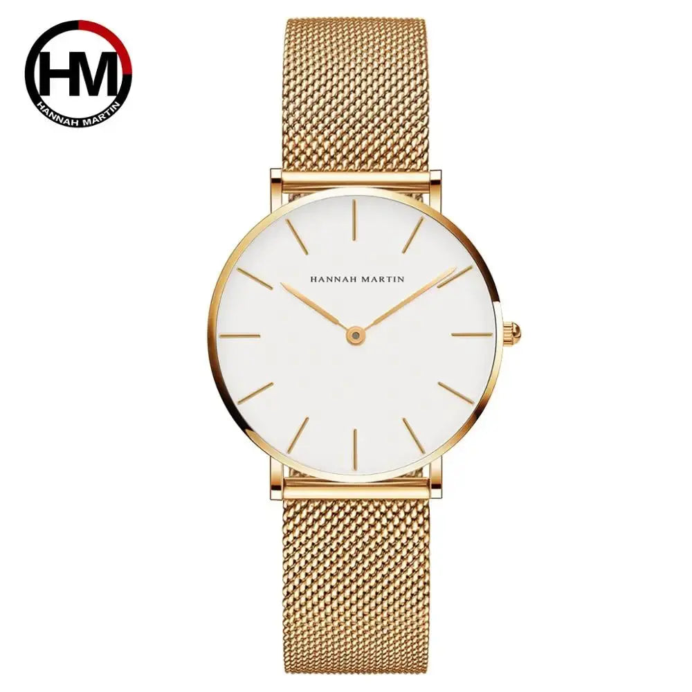 Hannah Martin rose gold watch with white dial and mesh strap from Alcom Distribution