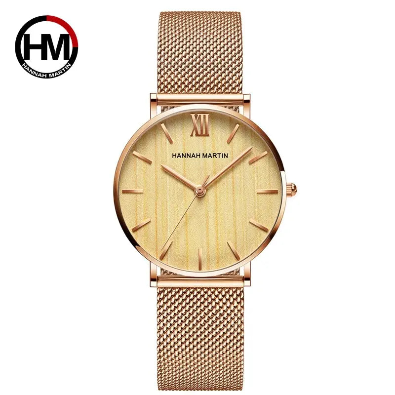 Hannah Martin rose gold watch with mesh band and minimalist beige dial by Alcom Distribution
