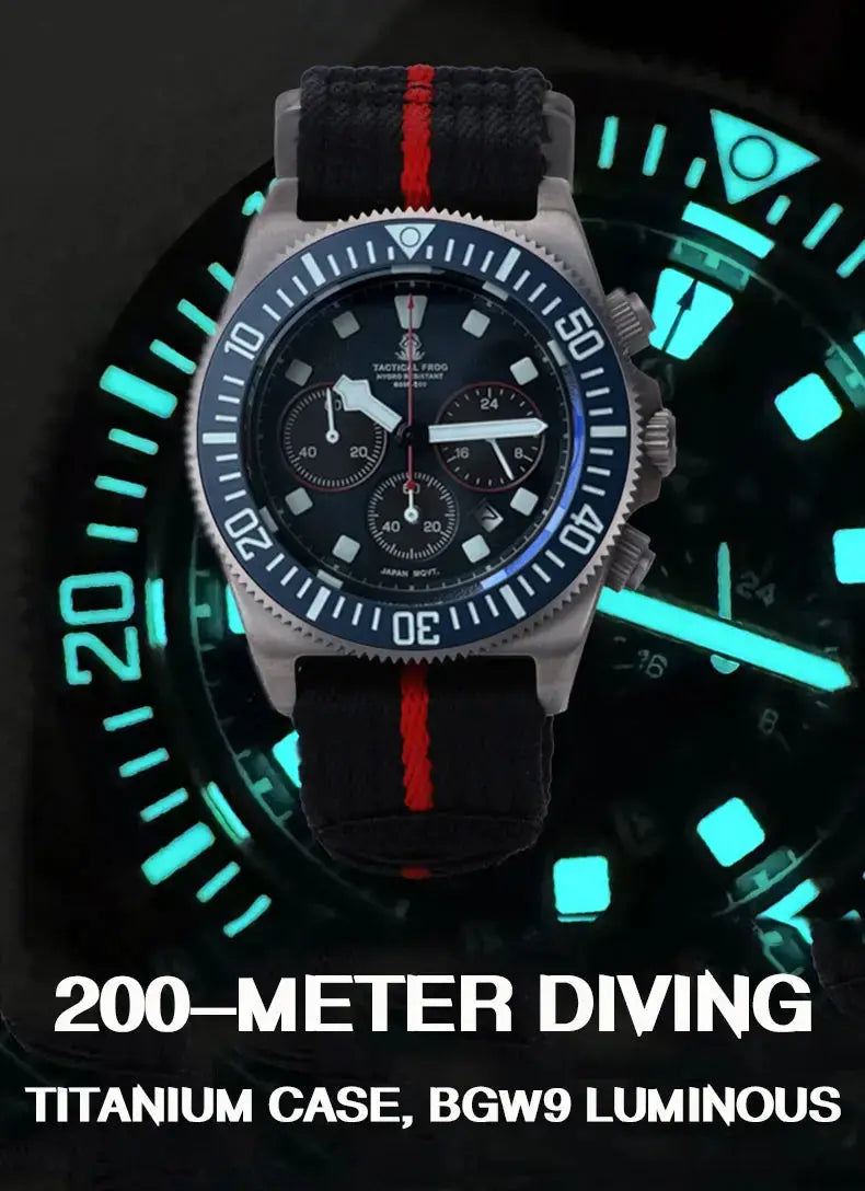 Titanium diving watch with a black strap and luminous dial for 200-meter water resistance