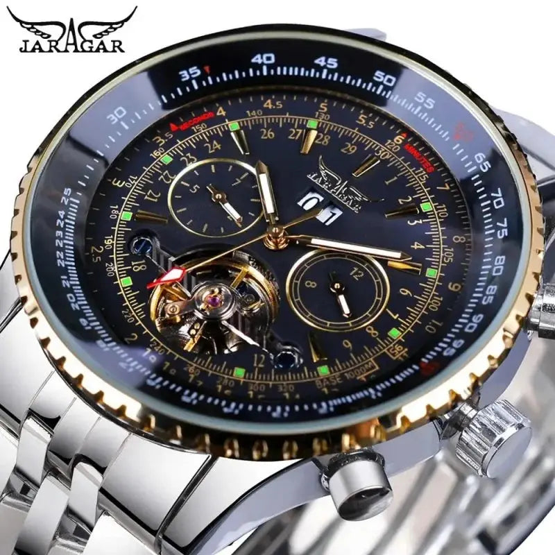 JARAGAR mechanical watch stainless steel bracelet black dial gold accents tourbillon chronograph