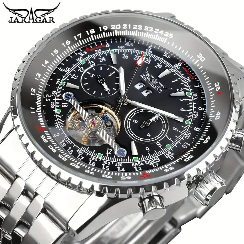 Alcom Distribution JARAGAR mechanical watch stainless steel pilot chronograph with black dial and open balance wheel