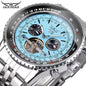 Alcom Distribution JARAGAR mechanical watch silver stainless steel bracelet light blue open heart dial with chronograph