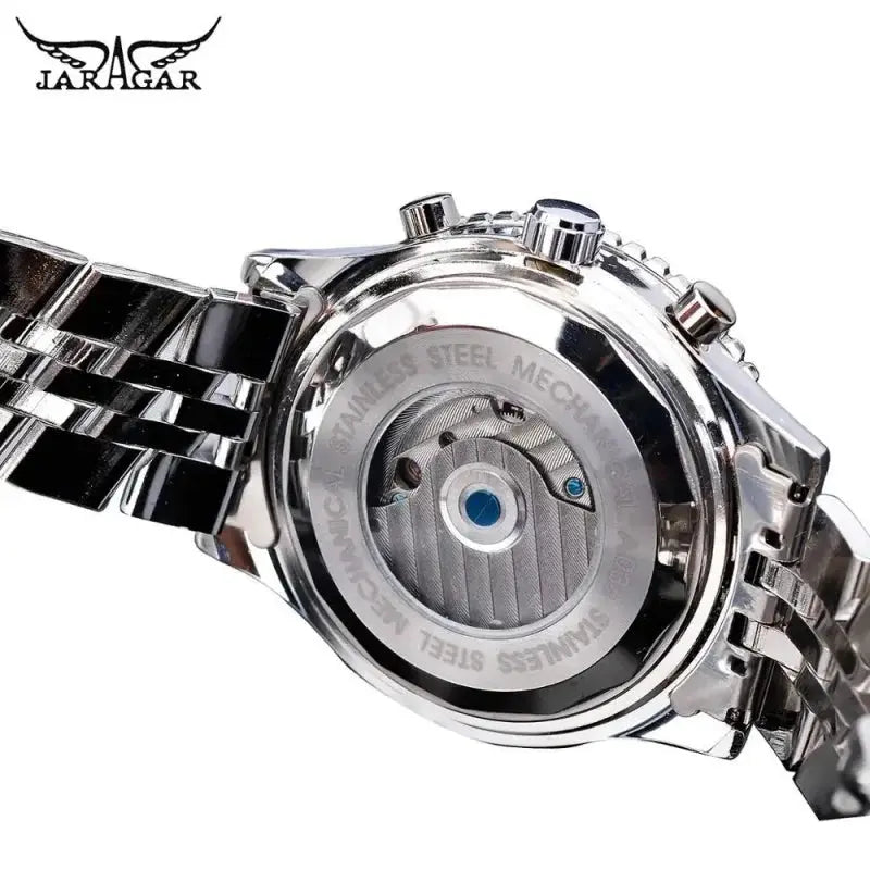 JARAGAR mechanical watch stainless steel exhibition caseback showing automatic movement and silver bracelet