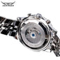 JARAGAR mechanical watch stainless steel exhibition caseback showing automatic movement and silver bracelet