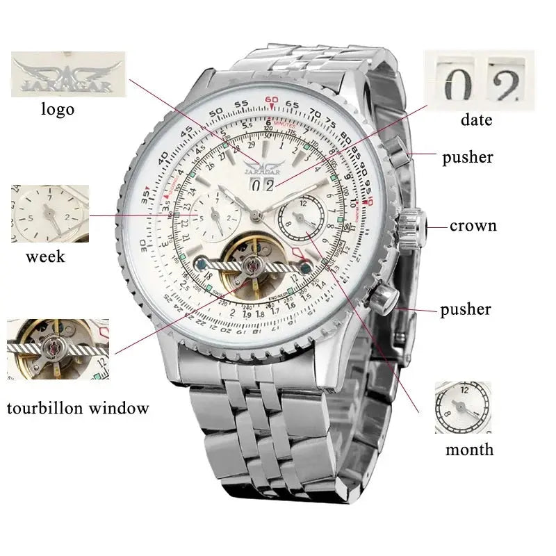 Alcom Distribution JARAGAR mechanical watch silver stainless steel tourbillon window date week month subdials