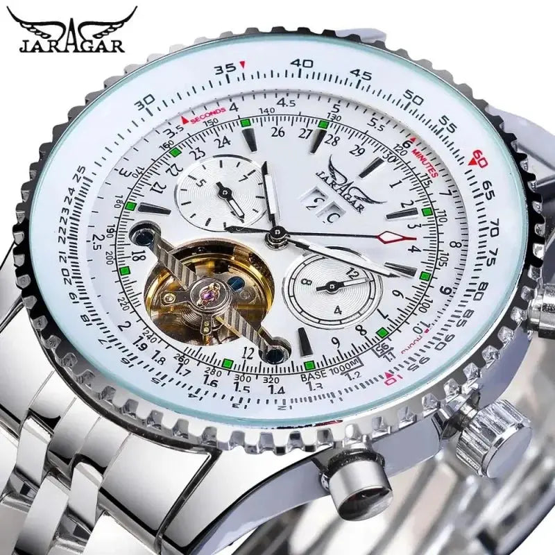 JARAGAR mechanical watch silver stainless steel chronograph with open heart white dial and metal bracelet